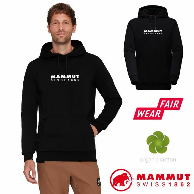 【MAMMUT 長毛象】男 Logo 輕量有機棉透氣保暖連帽長袖T恤.休閒運動衫/1014-04671-0047 黑/白✿30E010